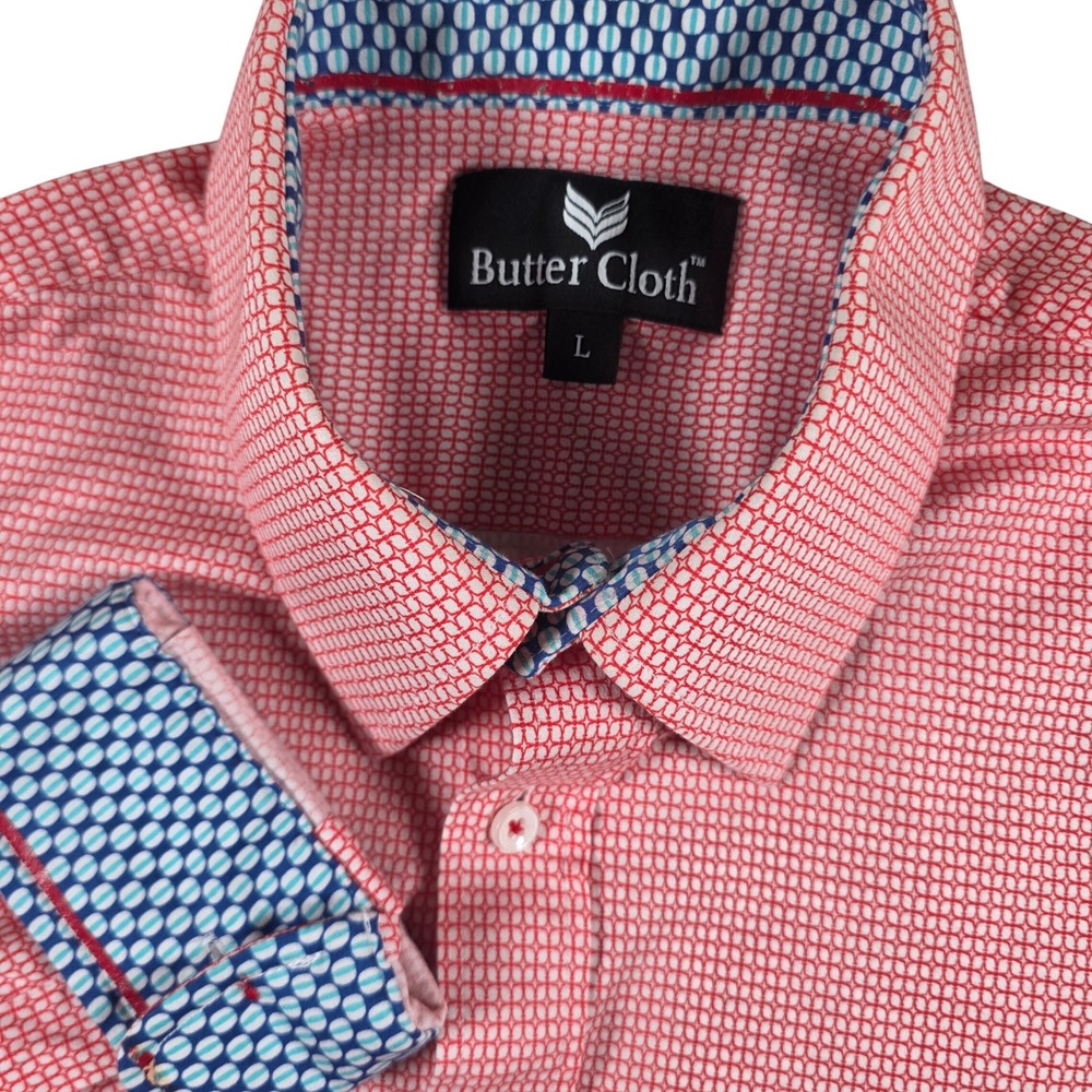 Butter Cloth Men's Button Up Shirt Large 100% Cotton Red Blue Geometric Check